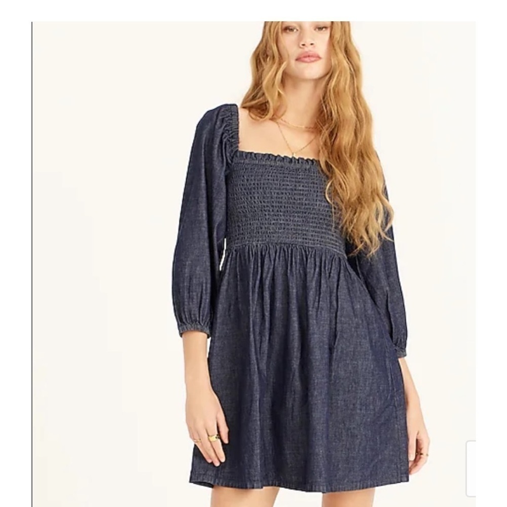J Crew Smocked Puff Sleeve Denim Dress in Chambray Size Small